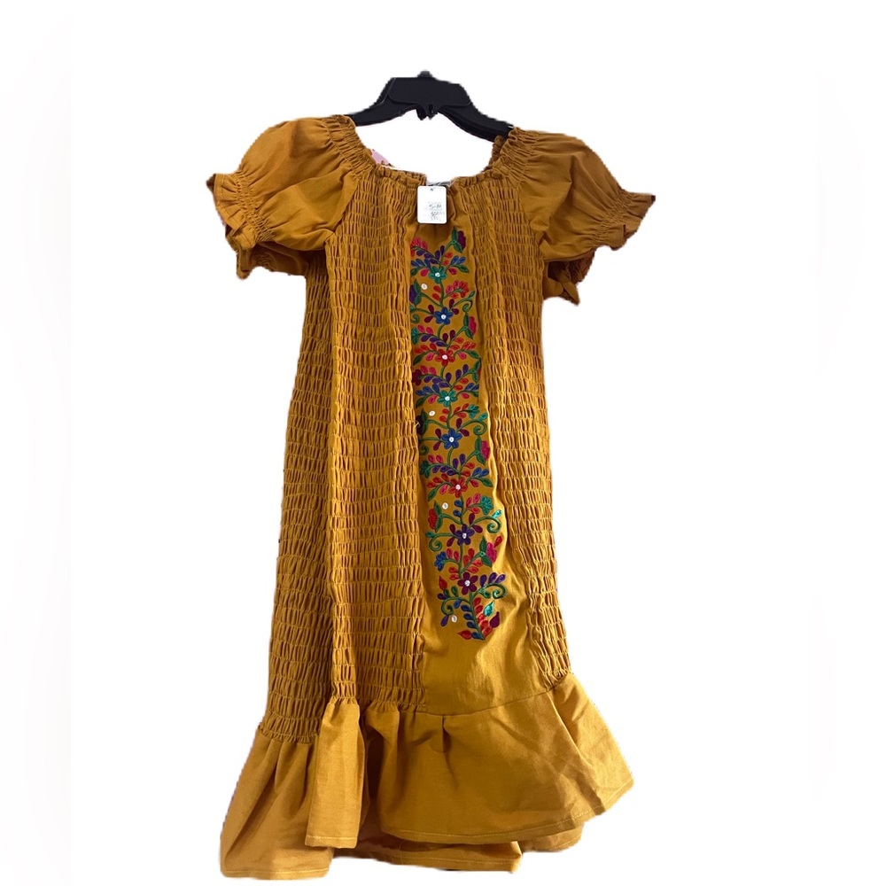 Womens Yellow Roses Hand-Embroidered Midi Dress